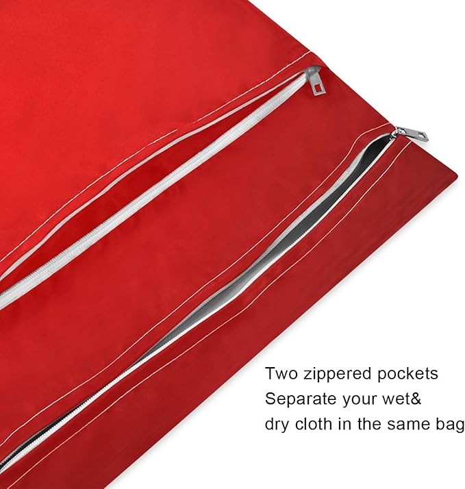 Red Texture Wet Dry Bag for Baby Cloth Diaper Waterproof Reusable Travel Wet Bag with Two Zippered Pockets for Swimsuits, 2 Pcs