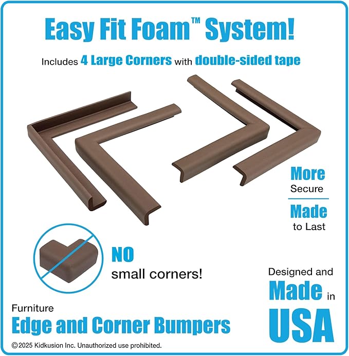 KidKusion Corner and Edge Protector | Easy Fit System | Soft Durable Foam Rubber Padding for Furniture w/Doublesided Tape | Babyproofing Bumper Guards | Large Profile | 16 Ft. | Brown