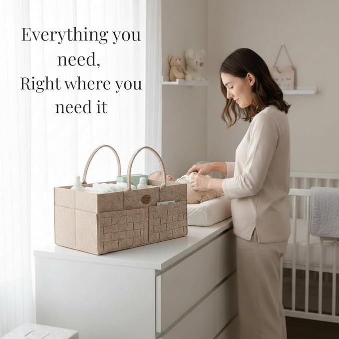 Baby Diaper Caddy Organizer for Nursery – Large Felt Storage Basket for Baby Essentials, Wipes & Diapers – Portable Nursery Organizer Bin for Changing Table or Living Room Beige