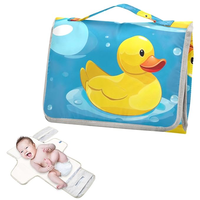 Yellow Rubber Ducks Blue Portable Changing Pad for Unisex Baby Toddler Waterproof Foldable Baby Changing Mat with Pillow & Shoulder Strap Travel Changing Kit for Gift Traveling Hiking