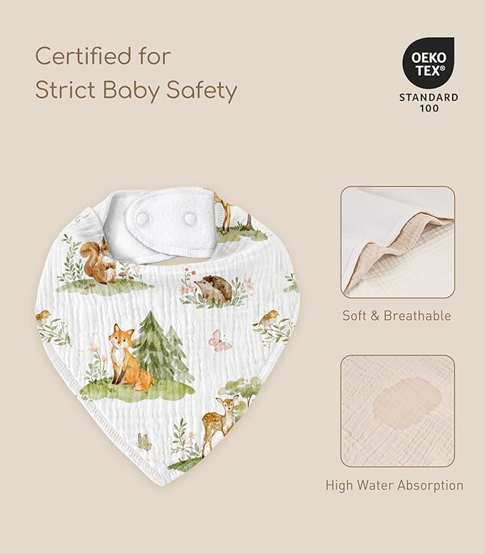 Muslin Baby Bibs 8 Pack, Baby Bandana Drool Bib for Drooling and Teething, Cotton Soft Absorbent for Girls Boys (Sage Green Jungle Animals)