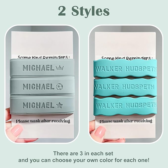3UMeter 4PCS Personalized Waterproof Name Labels for Kids Custom Silicone Bottle Labels Engraved Non-Slip Elastic Reusable Water Bottle Name Bands for Boys Girls