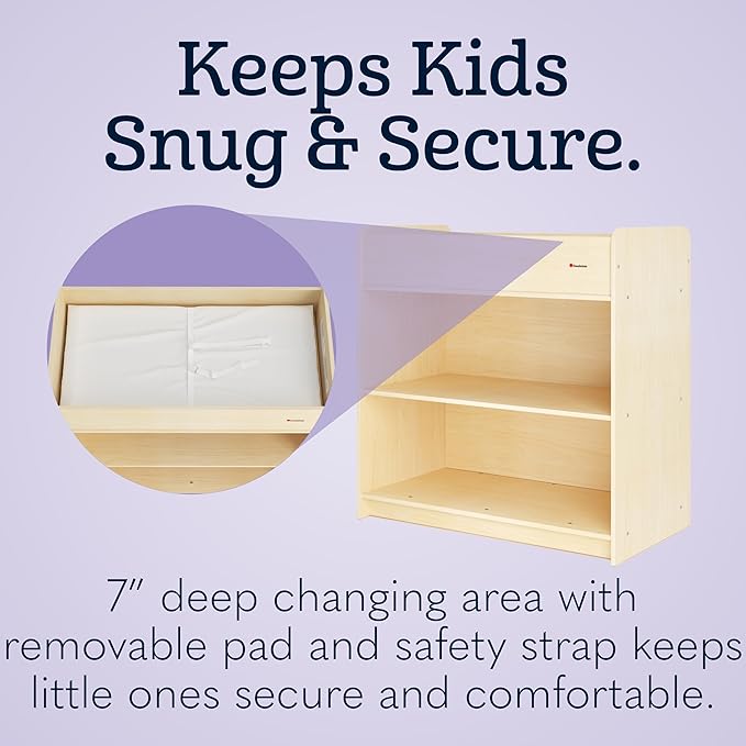Foundations SafeStart Daycare Changing Table, Durable Wood Construction, Built-in Shelving for Ample Storage, Adjustable Safety Strap, Includes Foam Mattress Pad (Natural)