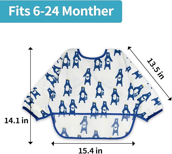 3 Pcs Long Sleeved Bib Set|Baby Waterproof Bibs with Pocket Bundle|Toddler Bib with Sleeves|Stain Resistance Smock 6-24 Month