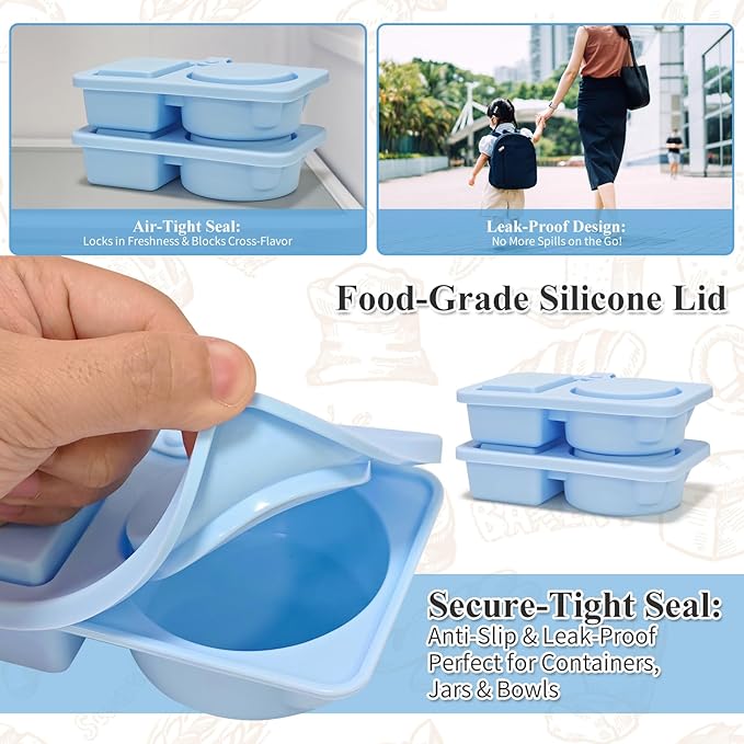 Gute Silicone Reusable Snack Containers with Lids, Small Mini Double Compartment Sauce Cups for Salad Dressing, Lunch, Travel, Gym - 2 Pack(Blue)