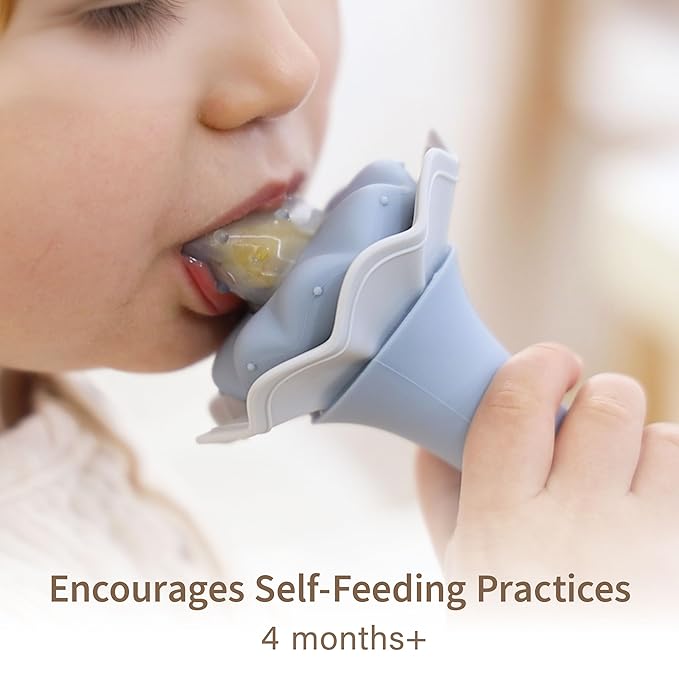 Moonkie Baby Fruit Feeder for Self-Feeding: Controlled Flow Design with 2 Pouches for Safe First Foods - BPA Free Silicone Food Feeder with Freezer Tray for Cooling Comfort - 4 Months+ - 1 Pack
