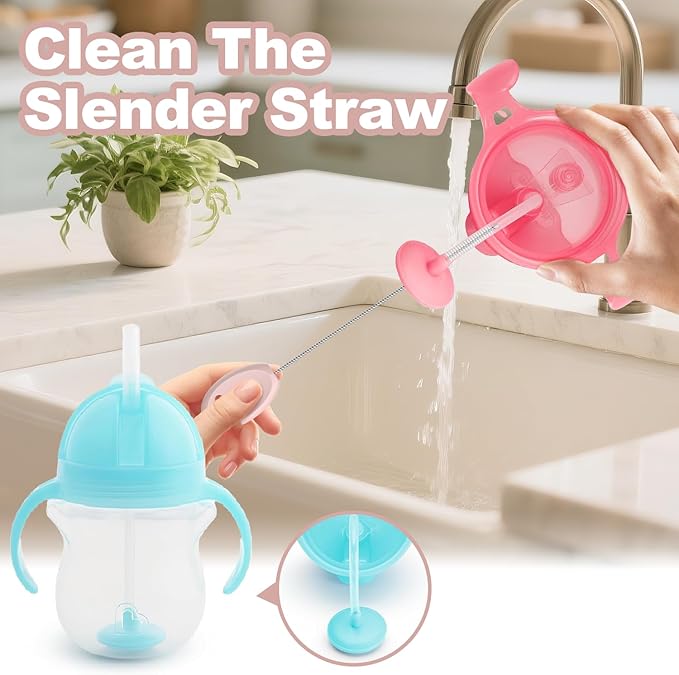 YOTIME 4 in 1 Straw Cleaner Brush Set, Reusable Standing Straw Brushes with Holder Ring, for Baby Bottles, Sippy Cups and Lids, Pink