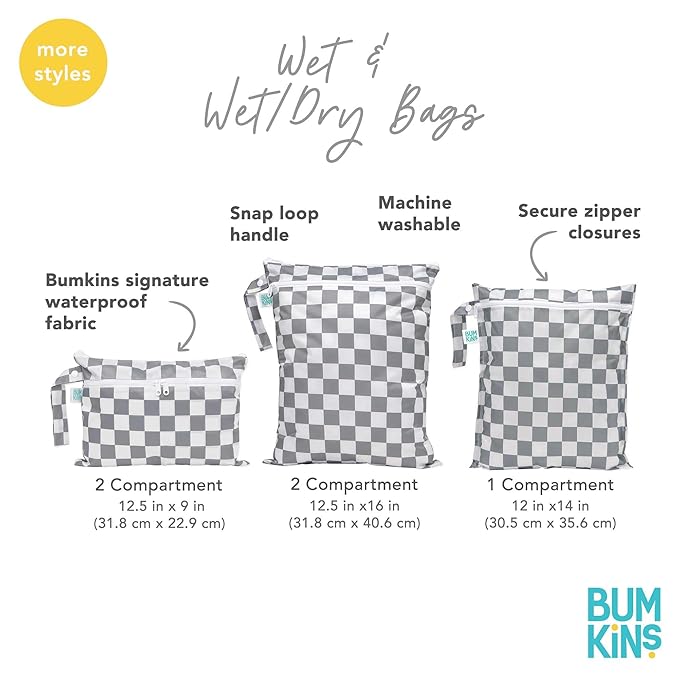 Bumkins Waterproof Wet Bag for Baby, Travel, Swim Suit, Cloth Diapers, Pump Parts, Pool, Beach, Gym Clothes, Toiletry, Hook to Stroller, Daycare, Zipper Reusable Wetdry Packing Pouch, Lunar Gray