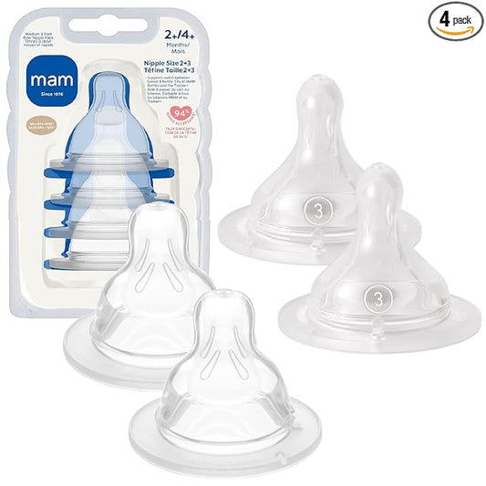 MAM Baby Bottle Nipple Mixed Flow Pack, Medium Size 2 and Fast Flow Size 3 for Babies 2+ Months, Skin Soft BPA Free Silicone, 94% Nipple Acceptance, Fits All MAM Bottles, 4 Pack, Made in Europe