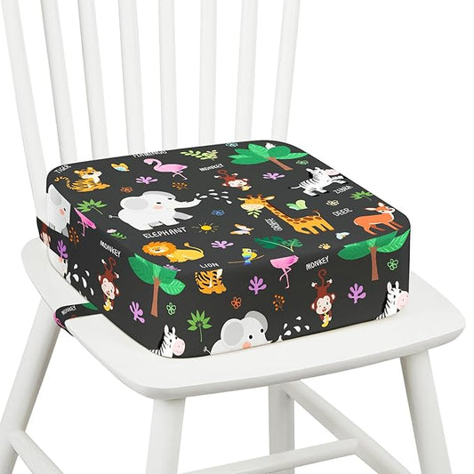 Toddler Booster Seat for Dining Table Kitchen Chair, Kids Booster Seat with Non-Slip Bottom and Adjustable Straps, 4" Detachable Washable Portable Travel Increasing Cushion (Jungle Animals)
