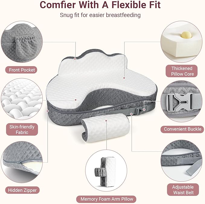 Elevated Nursing Pillow with Arm Pillow, Ergonomic Safety Memory Foam Breastfeeding Pillow, Adjustable Strap, Wider Cushion, Removable Cover & Side Pocket for Breastfeeding & Bottle Feeding