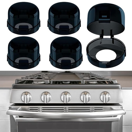 Stove Knob Covers for Child Safety - 5 Pack, Gas Stove Knob Locks, Prevent Kids Pets from Turning on Stoves, Baby proofing, Heat-Resistant Adhesive, (Black)
