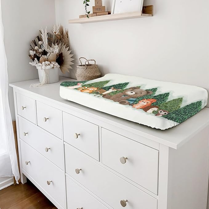 Cute Animals Green Pine Trees Baby Changing Pad Covers Bear Raccoon Squirrel Deer Rabbit Hedgehog Owl Diaper Change Table Cover Sheets for Boys Girls Soft Stretch Changing Table Mats 32''x16''