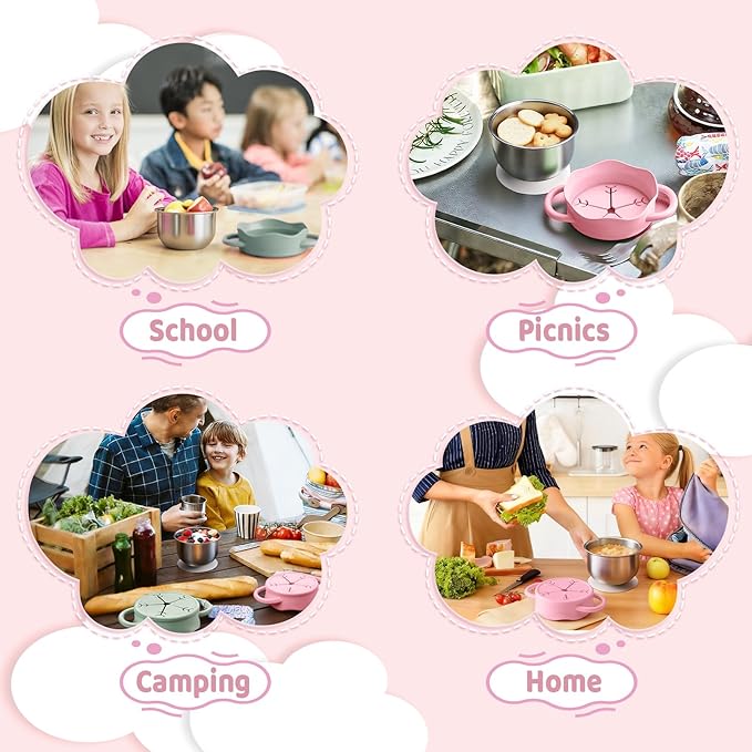 Qtencas 2 Pack Stainless Steel Snack Containers for Toddlers with Spill-Proof Silicone Lids and Handles, Food Grade Snack Cups for Toddlers Kid（Pink and Green）