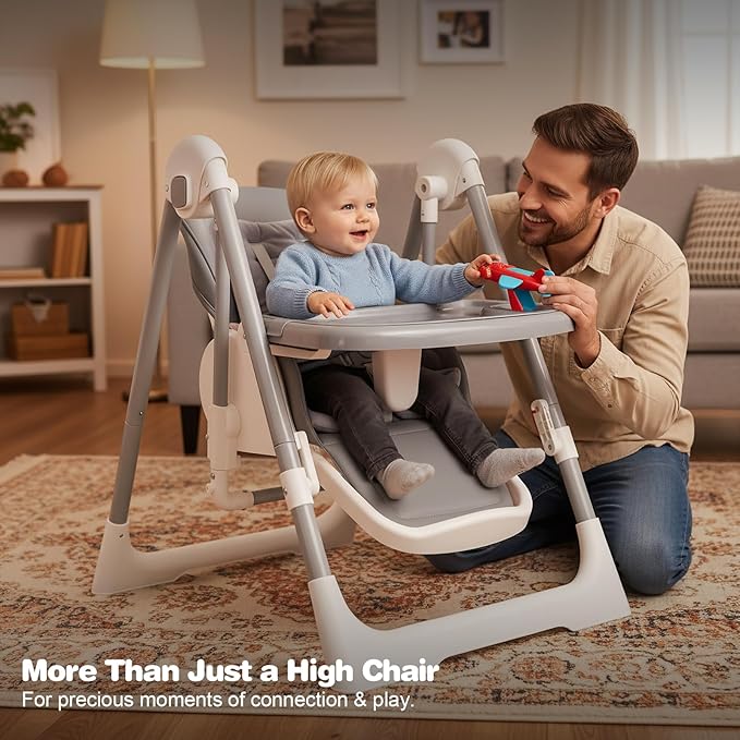 High Chairs for Babies and Toddlers Convert to Baby Rocker Foldable High Chair Adjustable Convertible with Reclining Seat & Leg Rest, 3-in-1 with Tool-Free Assembly (Grey)