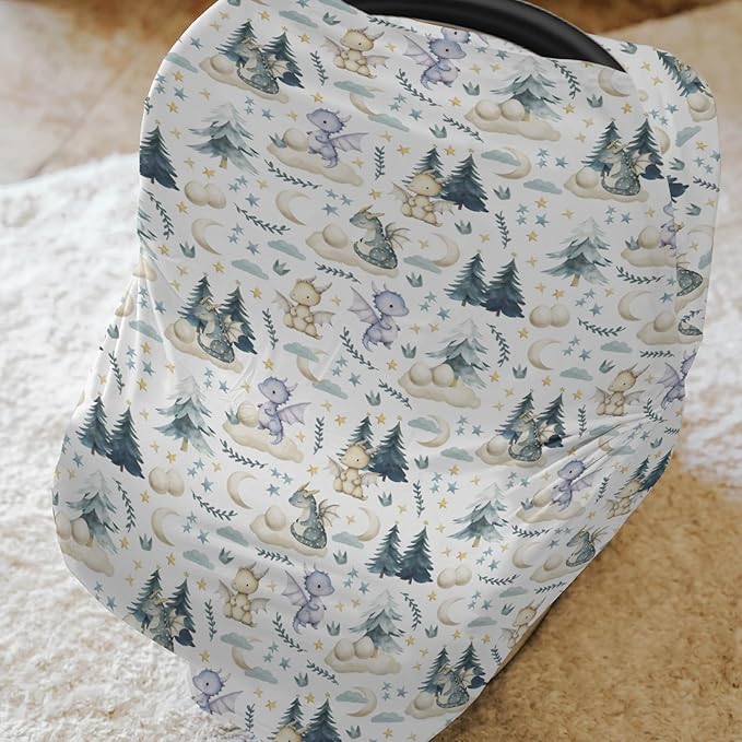 Fairytale Dragons Car Seat Cover for Babies Cute Dragon Moon Stars Clouds Trees Eggs Stretchy 5-in-1 Cover Adjustable Car Canopy Breastfeeding Cover Fantasy Animal Breathable Nursing Cover-Up