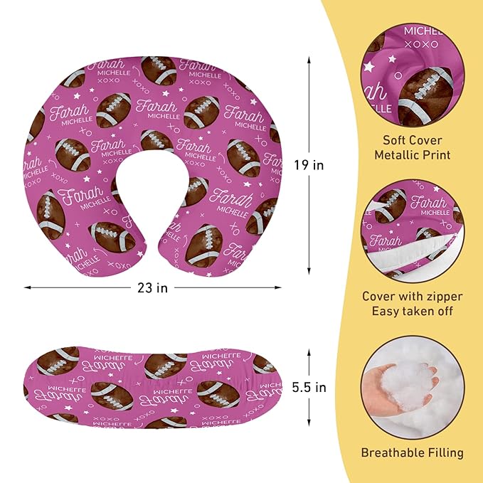 Baby Nursing Pillow Cover - Personalized Name Pink Football Breastfeeding U-Shaped for Bottle Feeding, Ultra Soft Comfortable Breastfeeding Pillow Cover for Infant Baby Boys and Girls