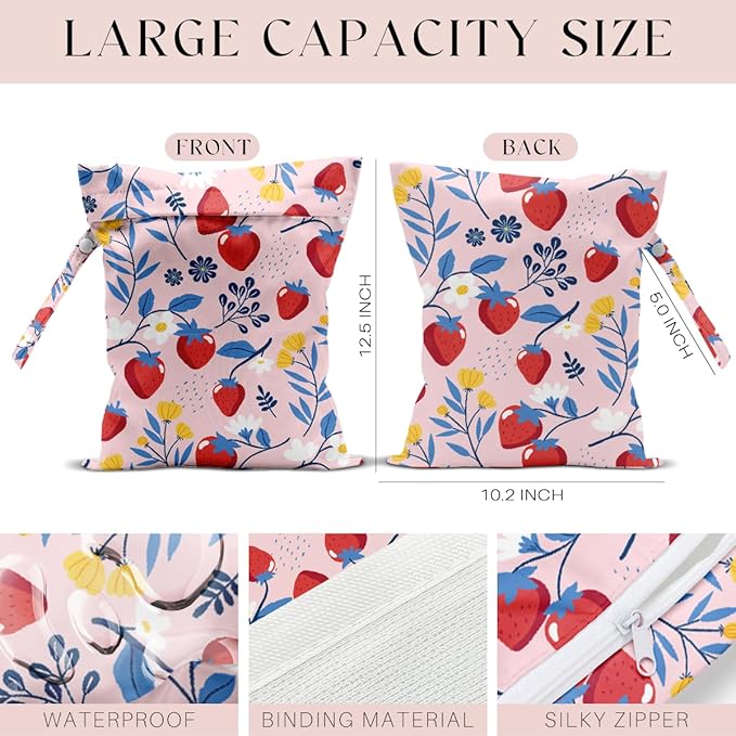 Wet Bag, Wet Dry Bag, Waterproof Swim Bags, Machine Washable Reusable Bags for Beach, Pool, Diapers, and Dirty Yoga Gym Clothes(Pink Background Strawberry and Bule Leaf Printy
