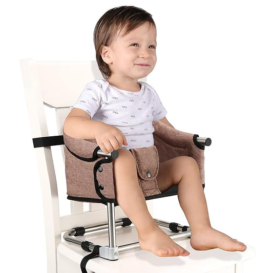 Booster Seat for Dining Table, 3-in-1 Portable Toddler Booster Chair with Safety Buckle, Height Adjustable & Foldable Baby Feeding Seat, Travel High Chair with Washable Cover & Storage Pocket - Brown