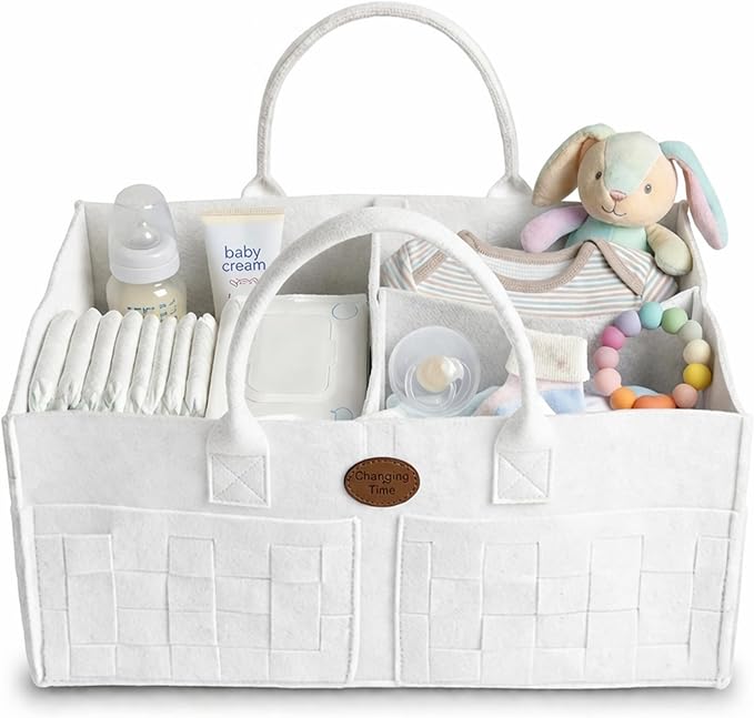 Baby Diaper Caddy Organizer for Nursery – Large Felt Storage Basket for Baby Essentials, Wipes & Diapers – Portable Nursery Organizer Bin for Changing Table or Living Room Winter White