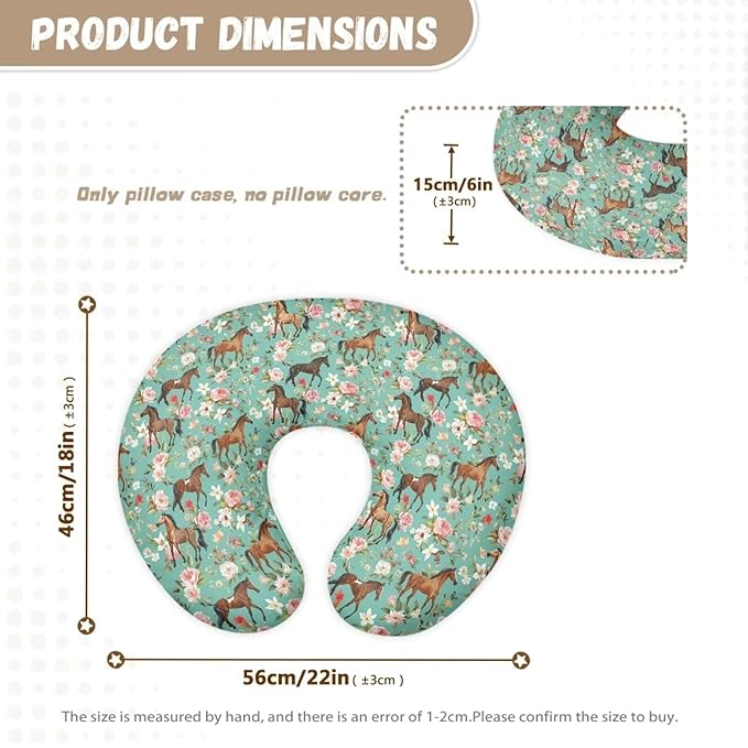 Flower Horse Nursing Pillow Cover for Girl Boy Breastfeeding Pillow Slipcovers Stretchable Newborn U-Shaped Breastfeeding Pillowcase Cushion Covers Vintage Green
