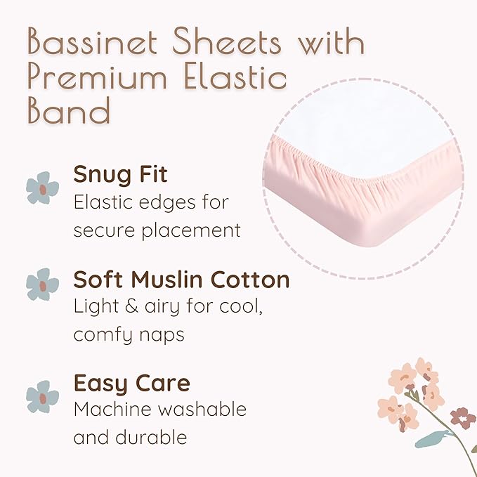 Baby Bassinet Sheets Girls, Cotton Bassinet Sheets Rectangle, 2 pc Bassinet Mattress Sheets, 32"x16" Compatible with Baby Delight Beside Me Dreamer Bassinet, Bedside Bassinet Sheet (Floral + Pink)