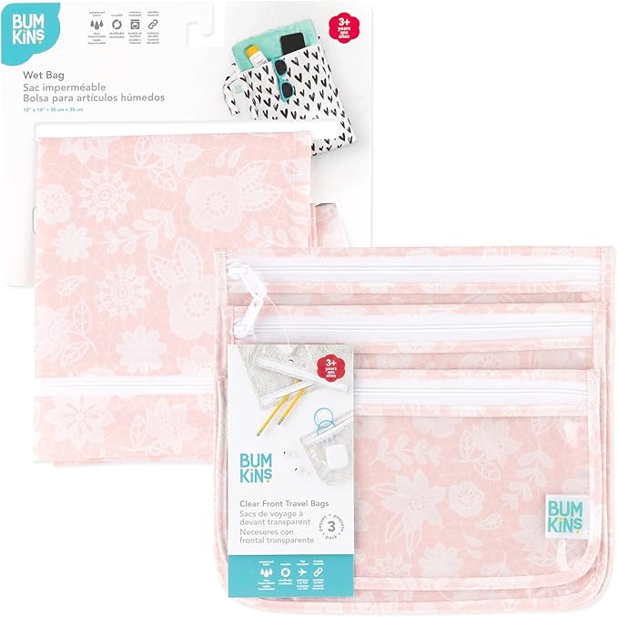 Bumkins Waterproof Wet Bag and Packing Pouches, Pink Lace