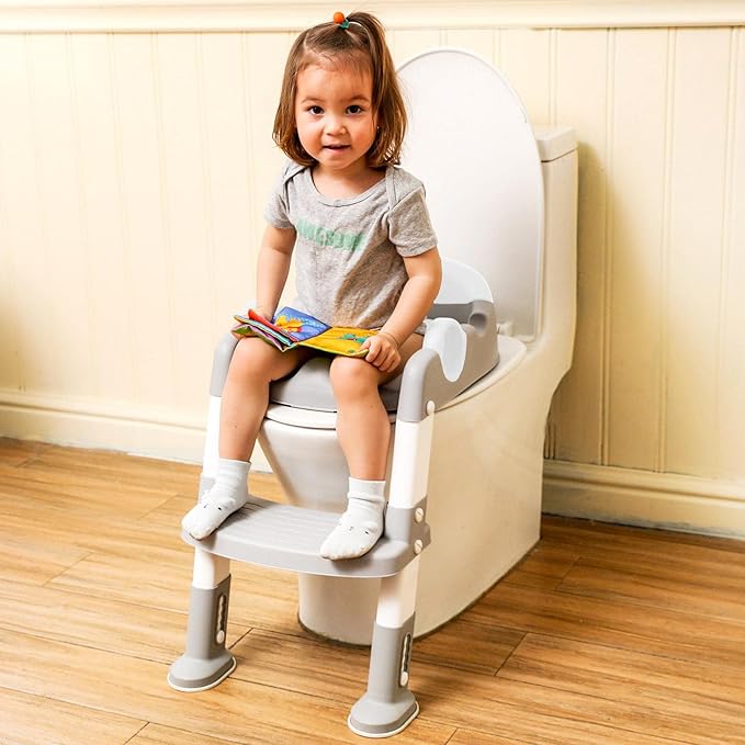 Potty Training Seat with Step Stool Ladder for Kids and Toddler,Wiifo Sturdy Potty Ladder with Soft Padded Cushion for Boys and Girls,Toddler Toilet Training Seat Chair(Grey White)