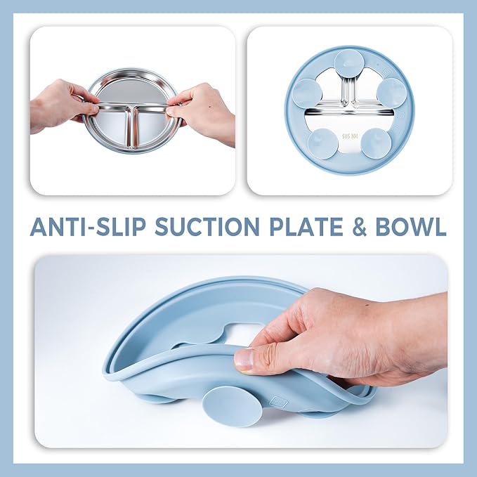 7 Pieces 304 Stainless Steel Baby & Toddler Feeding Set - Suction Divided Plates, Bowls, Silicone & Stainless Spoon Fork,Pocket Bib Unbreakable, Dishwasher Safe Kids Dinnerware Essentials (Blue)