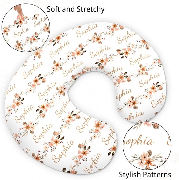 Customizable Flowers Baby Nursing Pillow Cover - Add Your Baby's Name, Ultra-Soft Stretch Fabric, Fits Standard Nursing Pillows, Ideal for Baby Showers Style 05