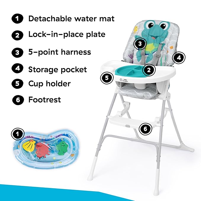 Baby Einstein Ocean Explorers Snack & Splash Compact Folding High Chair, with Water Mat, 5 Point Safety Harness, Ages 6 Months and Up, Unisex