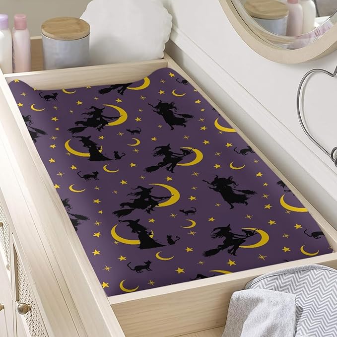 Witch Moon Changing Pad Cover Comfy Cozy Soft Diaper Change Table Sheets Halloween Purple Baby Girls Changing Pad Protectors Covers, One Size