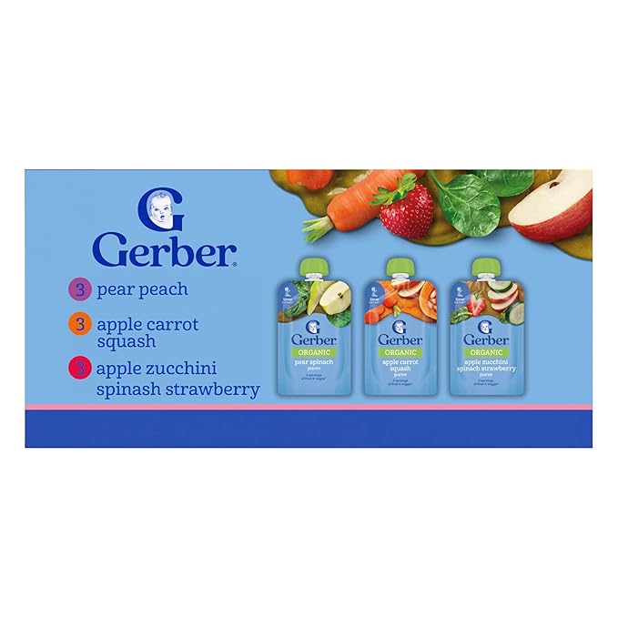 Gerber Stage 2 Baby Food, Organic Fruit and Veggie Favorites Puree Pouches Variety Pack, No Added Sweetener, Baby Food Pouches, 9-Pack