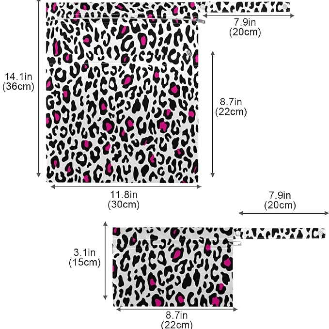 visesunny Pink Leopard Cheetah Spots Animal Print 2Pcs Diaper Changing Totes Wet Bags with Zippered Pockets Washable Reusable Roomy Cloth Diaper for Travel,Beach,Daycare,Stroller,Dirty Gym Clothes,Wet