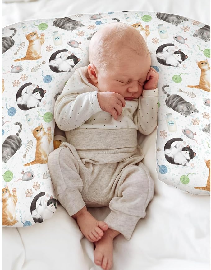 Cute Cat Baby Nursing Pillow Covers for Boy Girl Watercolor Cat Paws Mouse Toy Balls Neutral Nursery Pillowcase for Breastfeeding Pillows Cats Lovers Gift Soft Stretchy Slipcovers for Newborn Infant