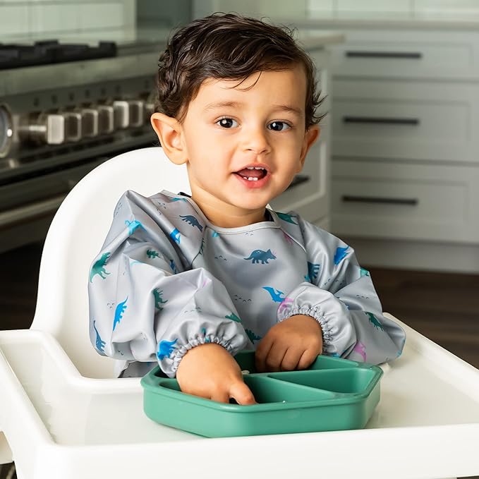 Tiny Twinkle Silicone Suction Baby Plate, Suction Grip Divided Dish for First Foods and Self-Feeding Toddlers, Baby Led Weaning Supplies for Independent Eating (Olive Plate with Lid)