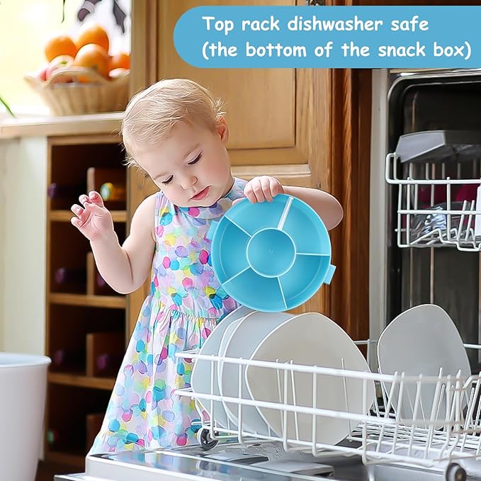 JOOPETALK Kids' Rotating Snack Container Set – 2-Pack, Includes 1 Rotating Snack Container & 1 Round Sectioned Snack Box, BPA-Free, Dishwasher Safe, Perfect for Travel-Blue