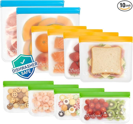 Serfeymi 10 Pack Reusable Gallon Freezer Bags Dishwasher Safe, Extra Thick Reusable Plastic Bags BPA Free, Leak Proof Food Storage Bags with 3 Sizes for Meat, Travel - 2 Gallon 4 Sandwich 4 Snack
