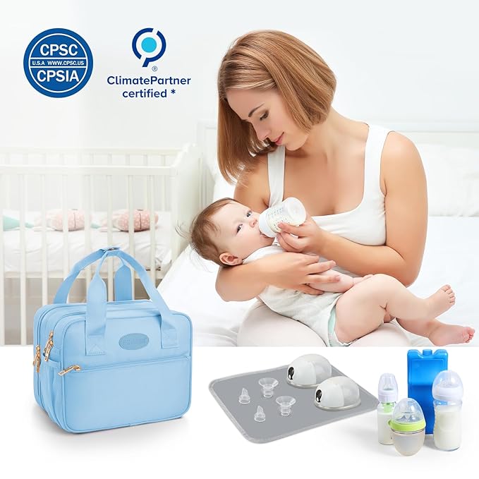 PIIOSER Breastmilk Cooler Travel Bag with Ice Pack, Compatible with Wearable Breast Pumps & Accessories - Portable Hands Free Breast Pump Carrying Case for Nursing & Working Moms, Blue