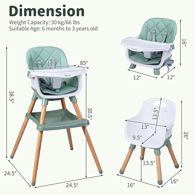 BABY JOY 8-in-1 High Chair, Convertible Wooden Highchairs for Babies and Toddlers | Dining Booster Seat | Toddler Stool, Double Removable Tray, 5-Point Safety Harness & Waterproof PU Cushion (Green)