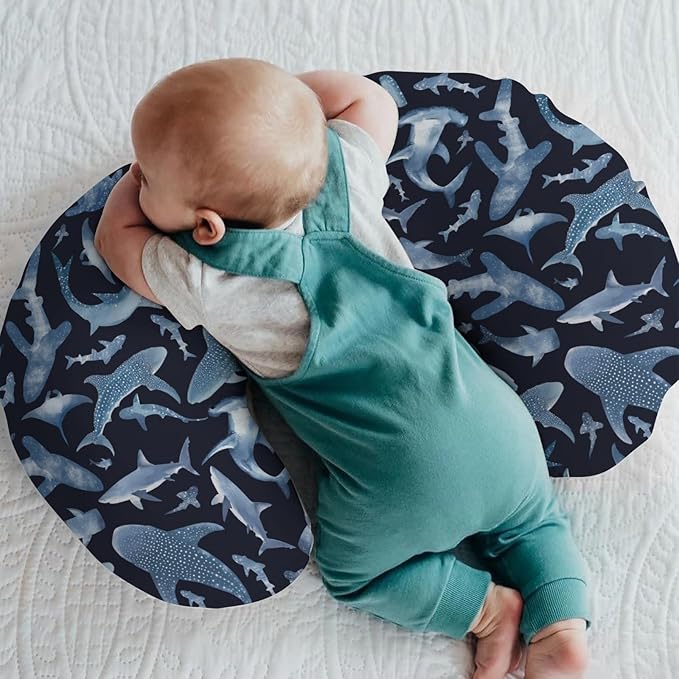 Blue Sharks Baby Nursing Pillow Covers for Boy Girl Sea Ocean Animal Nursing Pillow Slipcovers for Breastfeeding Pillows Nautical Shark Soft Stretchy Removable Covers for Newborn Infant