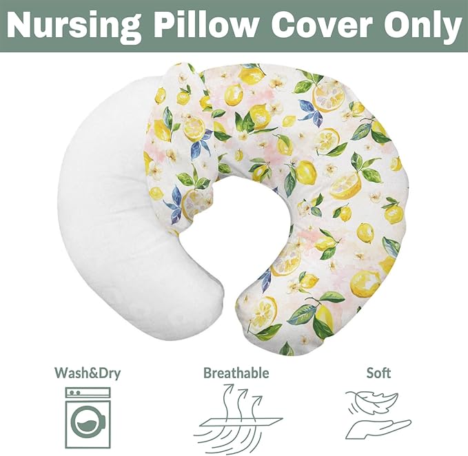 Vintage Lemons Baby Nursing Pillow Covers for Boy Girl Lemon Branch Leaves Flowers Nursing Pillowcase for Breastfeeding Pillows Tropical Summer Fruits Soft Stretchy Slipcovers for Newborn Infant