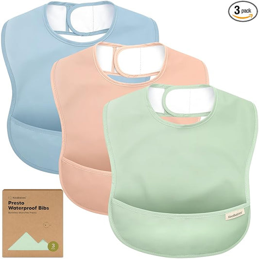 KeaBabies 3-Pack Waterproof Baby Bibs for Eating - Lightweight Toddler Feeding Bibs with Large Food Catcher, Mess Proof, Food-Grade Baby Eating Essentials, Easy to Put On & Clean (Mellow)