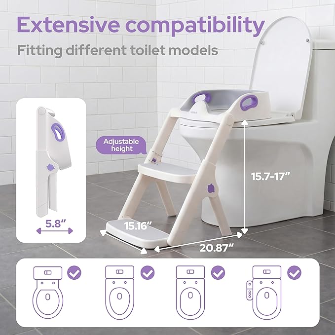 lalalark Potty Training Seat, 2-in-1 Toddler Toilet Seat with Steps, Upgrade Potty Step Stool for Toddler with Anti-slip Pad Step Stool, Extended Splash Guard, Foldable Potty Ladder Boys Girls, Purple