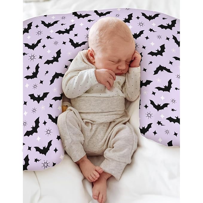 Purple Pastel Halloween Baby Nursing Pillow Covers for Boy Girl Black Bat and Stars Nursing Pillowcase for Breastfeeding Pillows Spooky Halloween Night Soft Stretchy Slipcovers for Newborn Infant