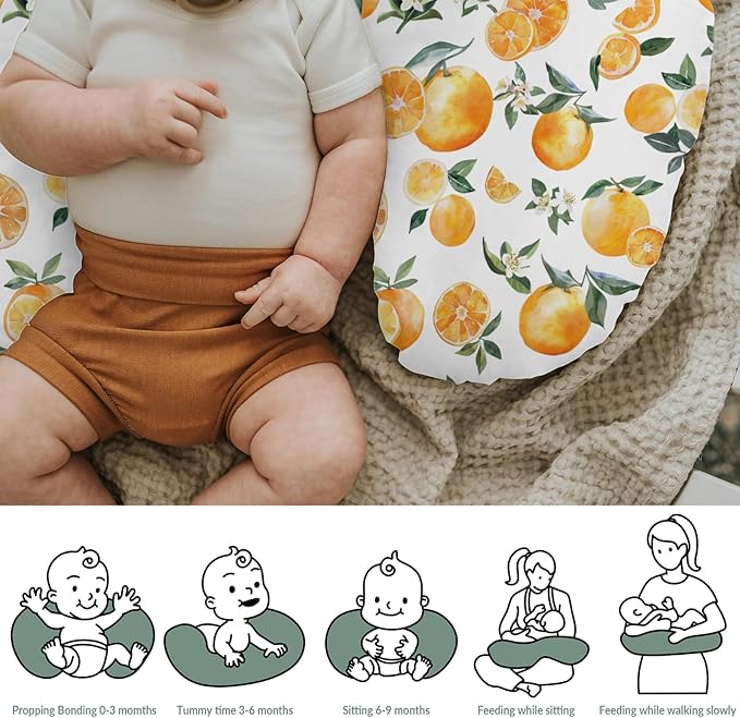 Watercolor Oranges Baby Nursing Pillow Covers for Boy Girl Orange Flowers Leaves Nursery Slipcovers for Breastfeeding Pillows Tropical Summer Citrus Fruits Soft Stretchy Covers for Newborn Infant