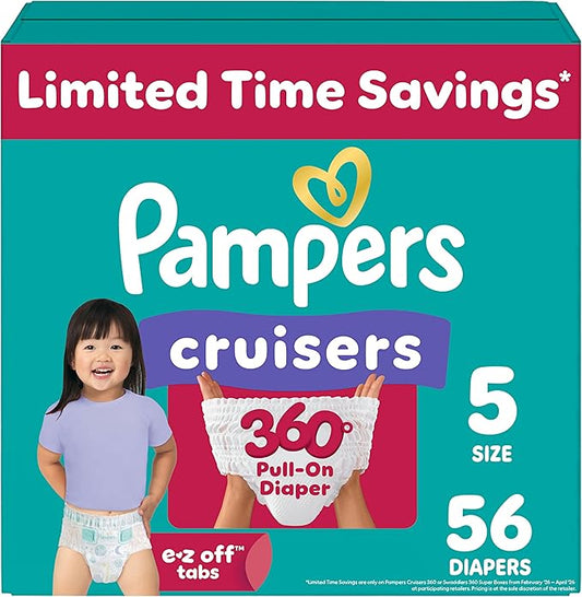 Pampers Diapers - Cruisers 360 - Size 5, 56 Count, Babyproof up to 100% Leakproof Pull-On Diaper