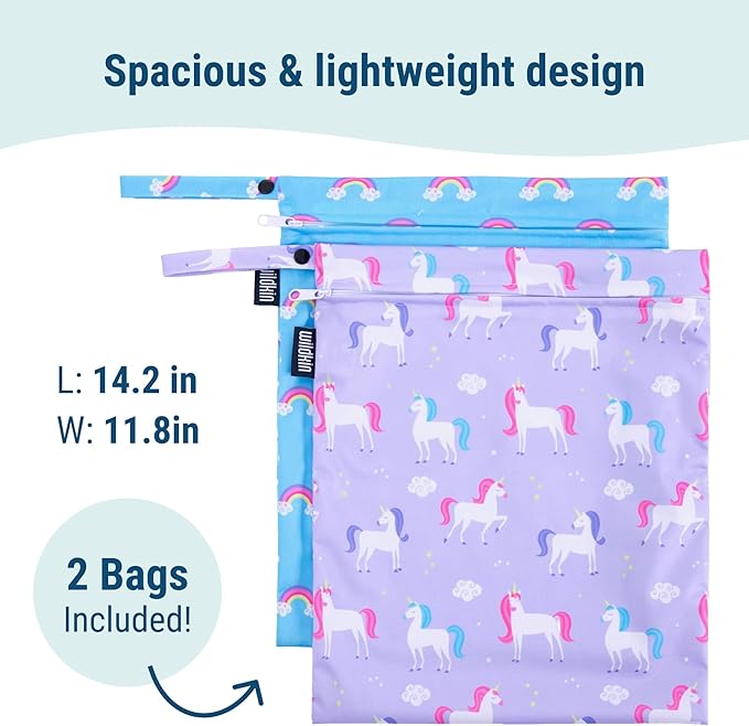 Wildkin Wet Bag Set for Boys, & Girls – Durable Zipper with Snap Loop Handle, Reusable Water-Resistant Bags for Beach, Pool, Travel & Gym - Unicorn