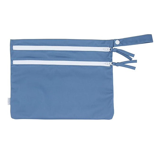 BapronBaby Minimalist Dusty Blue Wet Dry Bag - Waterproof Two Zipper Pockets - Reusable for Mealtime, Diapers, Stroller, Snacks, Swimsuits - Machine Washable - 11" x 9"