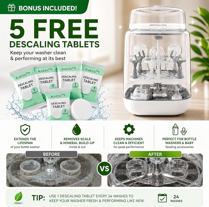 Bottle Washer Detergent Tablets -120 PCS & 5 Free Descaling Tablets - Compatible with all Baby Bottle Washers, Baby Brezza, Momcozy & Grownsy - Removes Milk Residue & Odor from Bottles & Pump Parts